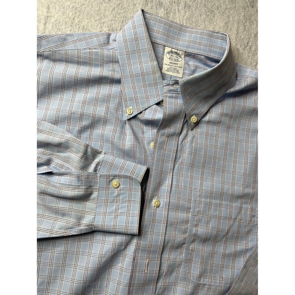 Brooks Brothers Regent  Polo Shirt Light Blue Plaid Button Down Men 16‎ 1/2 34